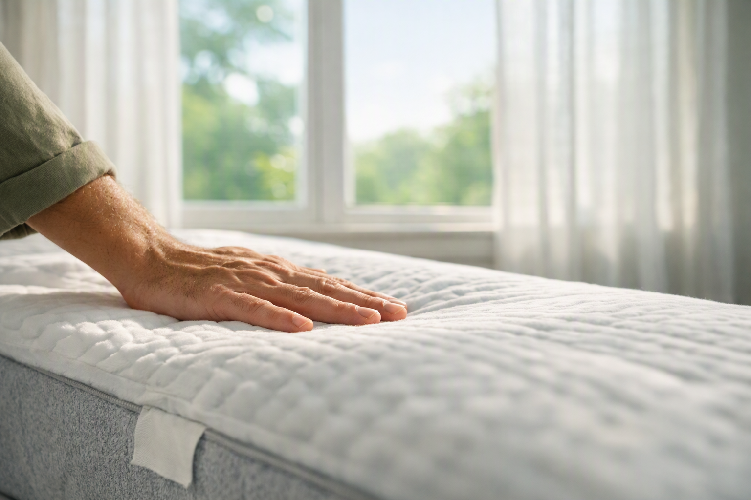 Hand drukt zacht op matras in zonverlichte slaapkamer. Huberts Slaapcomfort.